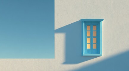 Minimalist rendering of a light blue window on a white wall, with a portion of a clear blue sky visible, casting shadows