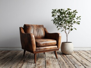 A distressed brown leather armchair sits on light wood floors next to a potted plant against a white wall, creating a minimalist yet warm interior scene
