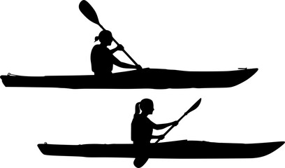 2 vector silhouettes of a male and female "flat water" kayaking together in a tandem kayak. 2 Vector Silhouettes of a man kayaking and a woman kayaking in a single