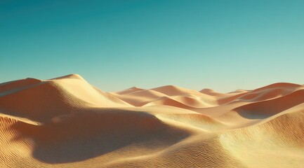Undulating sand dunes stretch across a vast desert landscape under a clear, vibrant blue sky.  The warm-toned sand shows subtle textural variations