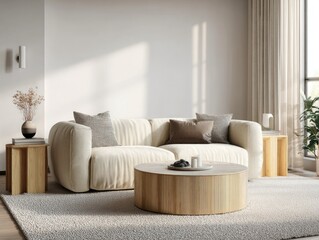 A minimalist living room features a cream-colored tufted sofa, a round wooden coffee table, and light wooden side tables.  Sunlight streams through a large window
