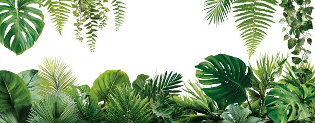 Lush tropical foliage arranged in a vibrant border against a stark white background, creating a vivid contrast and showcasing the diverse textures and shapes of the leaves