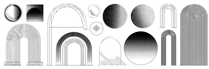 Collection of grayscale geometric shapes, primarily arches and circles with varying line patterns and shading