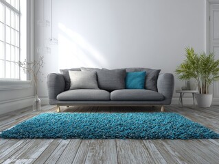 Fototapeta premium A minimalist living room features a gray couch with teal cushions, a teal rug, a potted plant, and a window with natural light