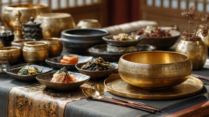 Fototapeta premium Traditional Korean Table Setting with Elegant Brass Bowls and Dishes