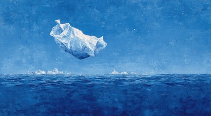 A surrealist painting depicting a plastic bag resembling an iceberg floating in a dark blue sea under a twilight sky