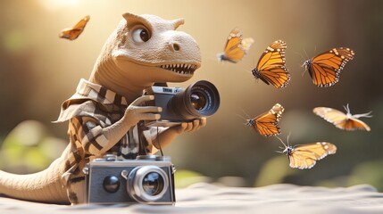 A friendly dinosaur enjoys photographing butterflies in the sunshine