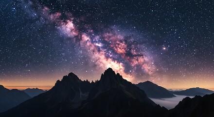 Fototapeta premium Starry Night Sky Over Mountainous Silhouette Featuring the Stunning Milky Way