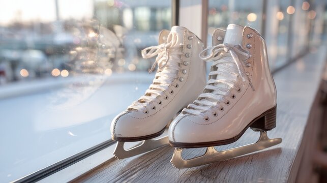Ice skates resting on a rink ledge with frosted glass in the background - Powered by Adobe