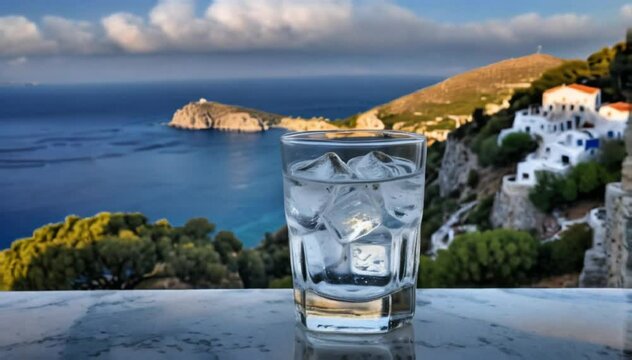 Ice-cold ouzo with a cloudy swirl in a small glass, placed against a scenic Greek seaside with blue skies and cliffs.