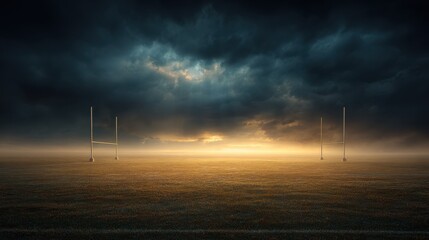 Obraz premium Shot of an open football field with goalposts under dramatic evening sky