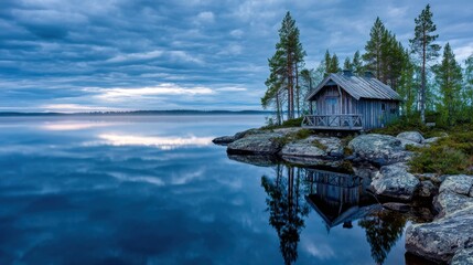 Small wooden cabin beside a lake reflecting the early morning sky