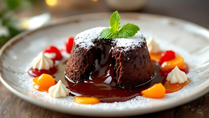 Delicious lava cake drizzled with chocolate sauce and garnished with fresh mint and fruit for a delectable dessert experience.