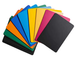 Stack of colorful flashcards for language learning, isolated on a transparent background