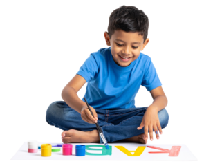 Child painting letters of alphabet, isolated on a transparent background