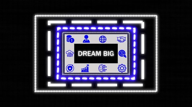 A Dream big button on a clear projection ,Blue wave digital data flow. Seamless loop technology network background concept . Futuristic digital technology animated background concept.