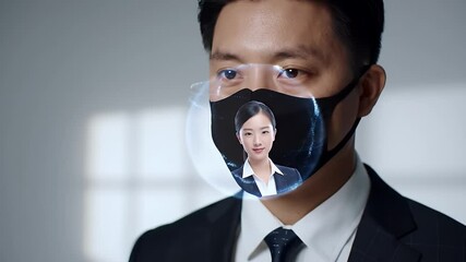 Man Wears High Tech Face Mask Projecting Woman Face in Dark Suit Against White Backdrop Represents Digital Communication and Future Technology - Powered by Adobe