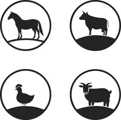 Obraz premium Farm Animals Icons Horse, Cow, Chicken, Goat Silhouettes