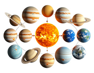 Science model of solar system with planets, isolated on a transparent background