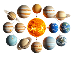 Science model of solar system with planets, isolated on a transparent background