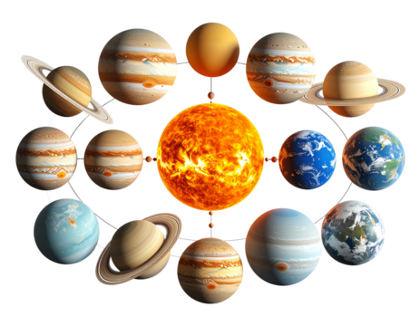 Science model of solar system with planets, isolated on a transparent background