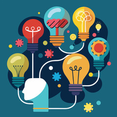 Conceptual illustration of creative ideas and innovation depicted with lightbulbs connecting to human head shape