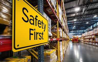 Yellow “Safety First” sign inside warehouse