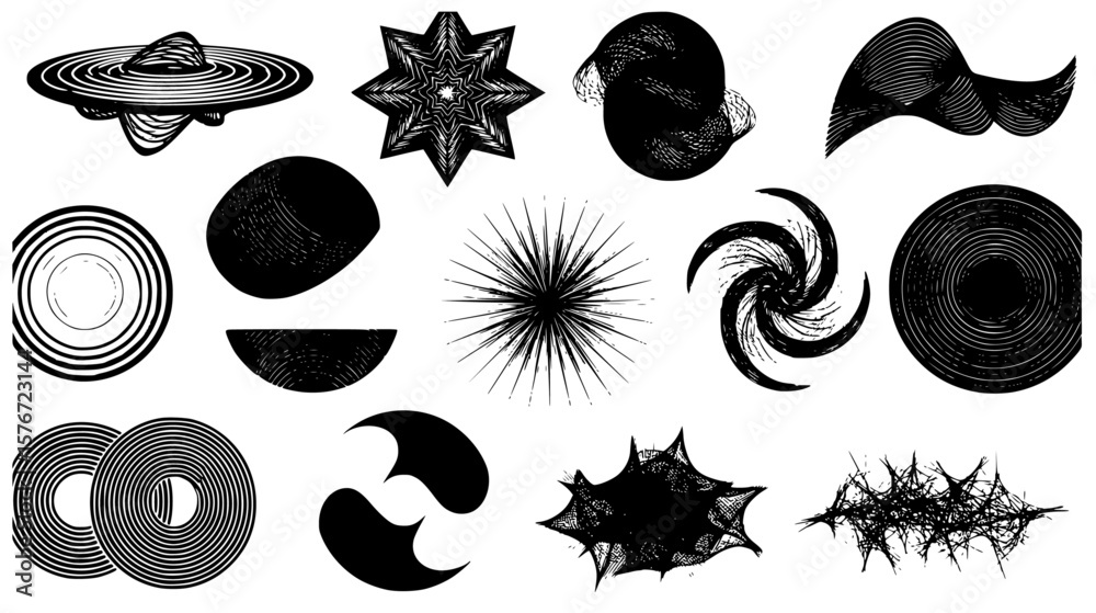Poster abstract black vector elements display various shapes and designs on a clean white background for gr