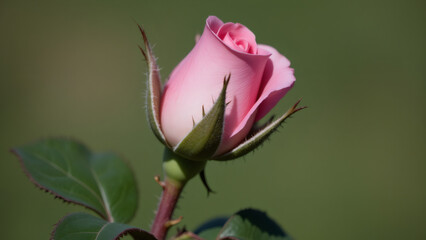 Pink Rose Bud Close-up: Fresh Unopened Flower with Green Sepals and Stem