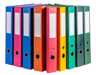 Stack of colorful school folders and binders, isolated on a transparent background
