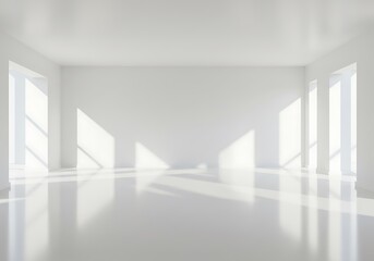 Fototapeta premium Empty, sunlit white room with large windows, showcasing minimalist design.