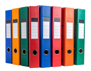 Stack of colorful school folders and binders, isolated on a transparent background