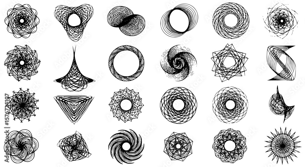 Poster set of abstract spirograph designs create unique black and white patterns for creative and geometric
