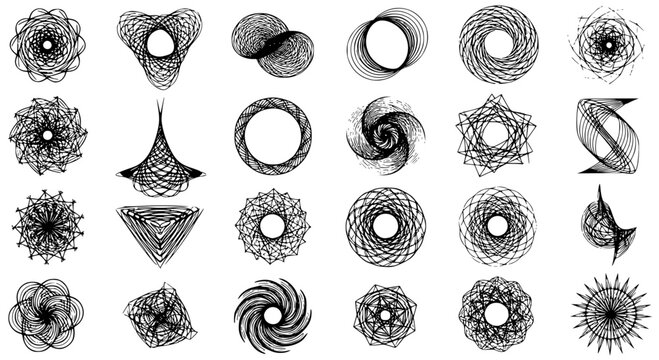 Set of abstract spirograph designs create unique black and white patterns for creative and geometric art.