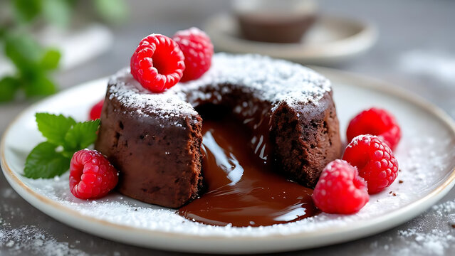 Delight in a decadent chocolate lava cake adorned with fresh raspberries and a dusting of powdered sugar for a sweet treat.