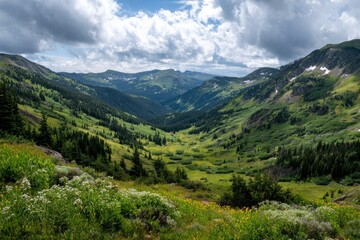 A vibrant green valley nestled between mountain ranges, wildflowers in the foreground, partially cloudy sky overhead