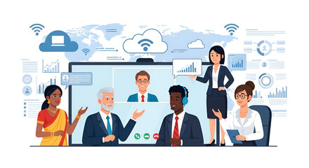 Team of smiling businesspeople working together in a corporate office setting, a collage of diverse individuals collaborating with computers and phones