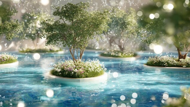 Serene digital art depicting small, flowering islands floating on tranquil water, surrounded by soft light