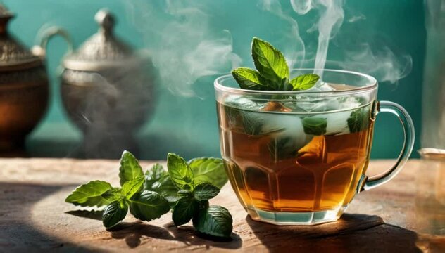 Traditional Moroccan mint tea served in a patterned glass, with steam and fresh mint leaves highlighting cultural elegance.