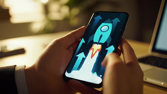 Close Up Hands Holding Mobile Phone Displaying Blue Rocket Launching Upward on Wooden Desk With Laptop in a Warm Lighting Business Setting
