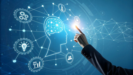 Hand touching brain interface with connected icons