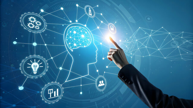 Hand touching brain interface with connected icons