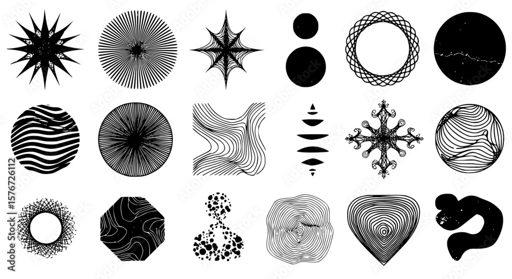 Poster black and white abstract patterns showcase a variety of vector shapes and unique design elements for