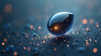 startup seed technology concept. A sparkling water droplet on a textured surface with soft bokeh lights.