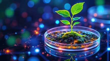 startup seed technology concept. A young plant sprouting in a petri dish with colorful lights in the background.