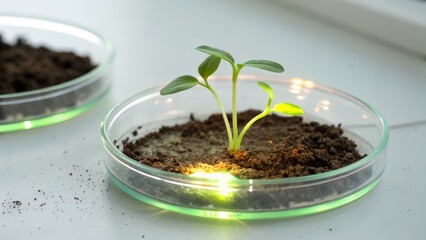 startup seed technology concept. Young plant growing in soil with subtle lighting in a petri dish.