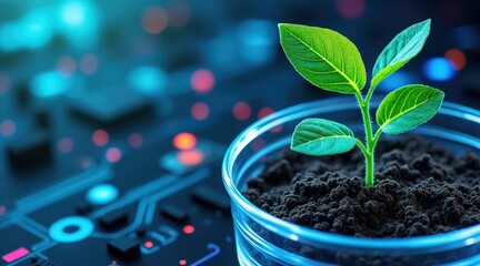 startup seed technology concept. A sprouting plant in soil with a digital background.