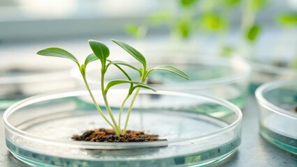 startup seed technology concept. Young plants growing in petri dishes in a laboratory setting.