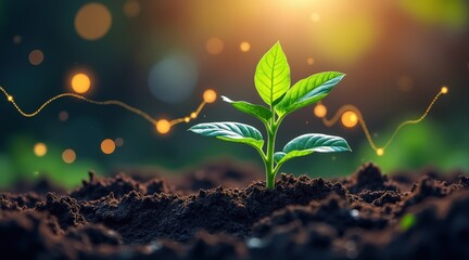 startup seed technology concept. A seedling emerging from soil with a glowing background.