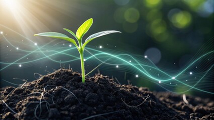 startup seed technology concept. Green seedling emerging from dark soil with light effects around it.